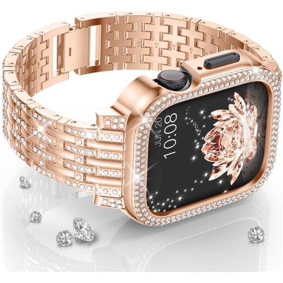 NEW Rose Gold Rhinestone Bling Apple Watch Band + Case Protector